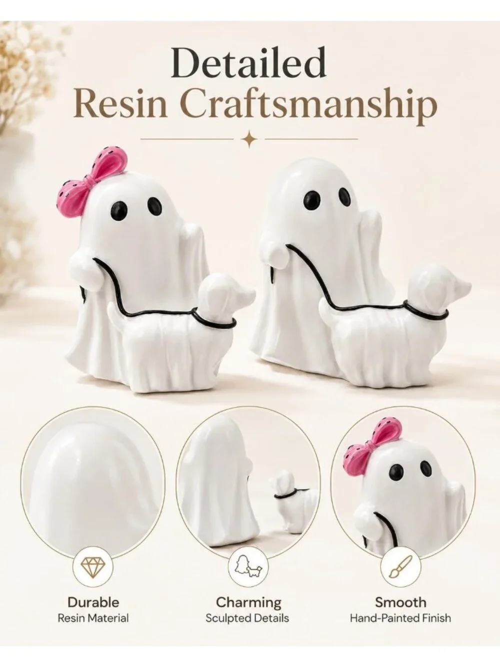 Ghost Walking Dog Halloween Figurine Cute Pink Bow Spooky Home Décor Statues